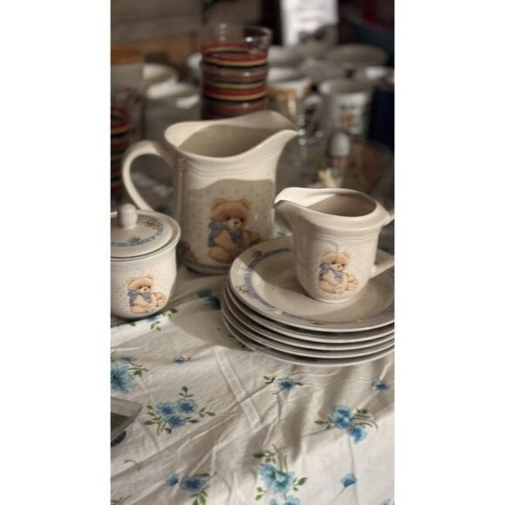 Vintage Tienshan Stoneware Teddy Bear Pitcher Creamer Plates X5 80s kitchen